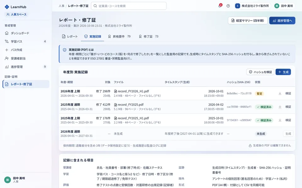 実施記録の画面。年度ごとのPDFとタイムスタンプ、SHA-256ハッシュ